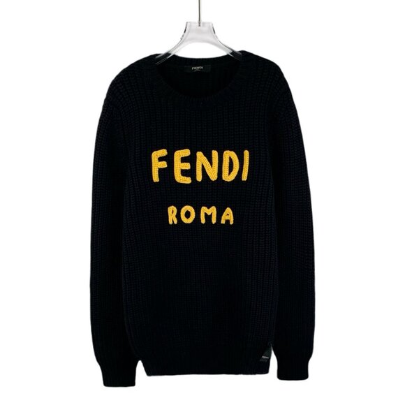 Fendi Black Logo Embroidered Wool Round-Neck Long-Sleeve Knitted Sweater Size L - Picture 1 of 7